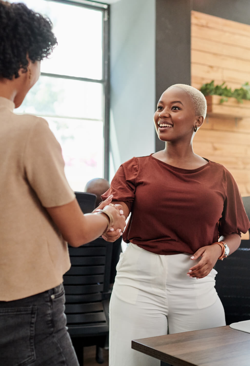 Woman shaking other woman's hand in office