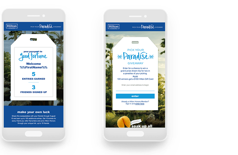 Cell phone images of the Hilton Honors Pick Your Paradise Giveaway Referral Program sweepstakes promotion