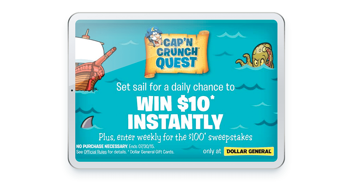 Screenshot of Cap'n Crunch Question instant win promotion.