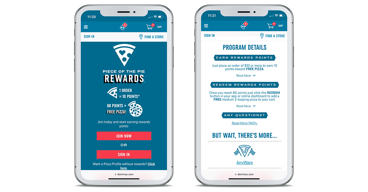 Screenshot of Domino's digital punch card program