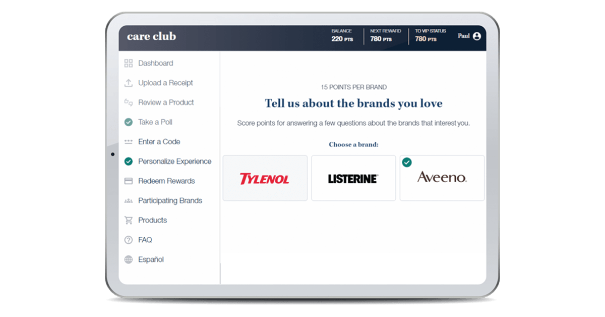 Screenshot showing Johnson and Johnson loyalty program member preferences.