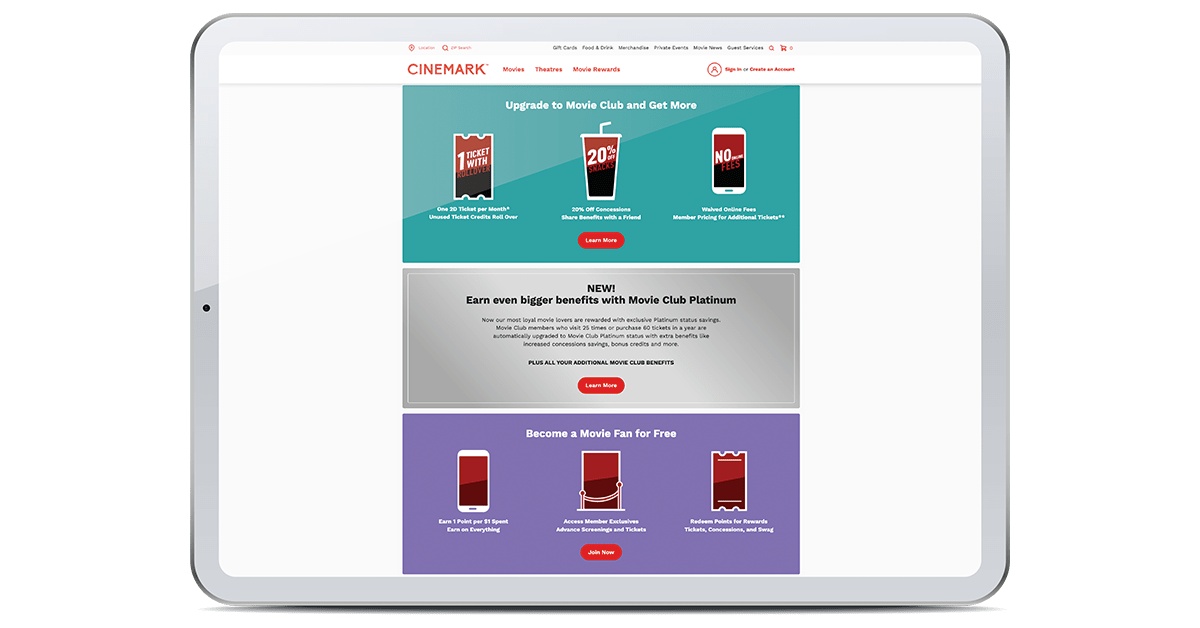 Screenshot showing Cinemark Movie Rewards tiered loyalty program structure