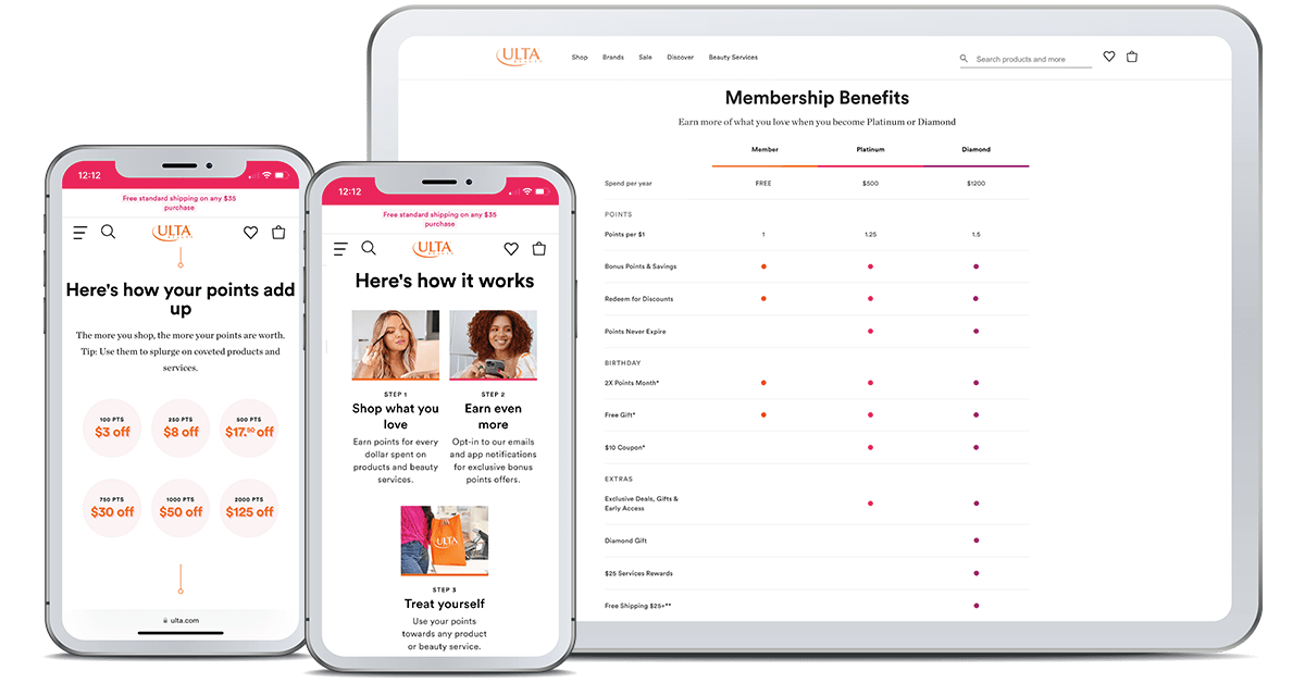 Screenshot showing Ulta Ultamate Rewards tiered loyalty program structure