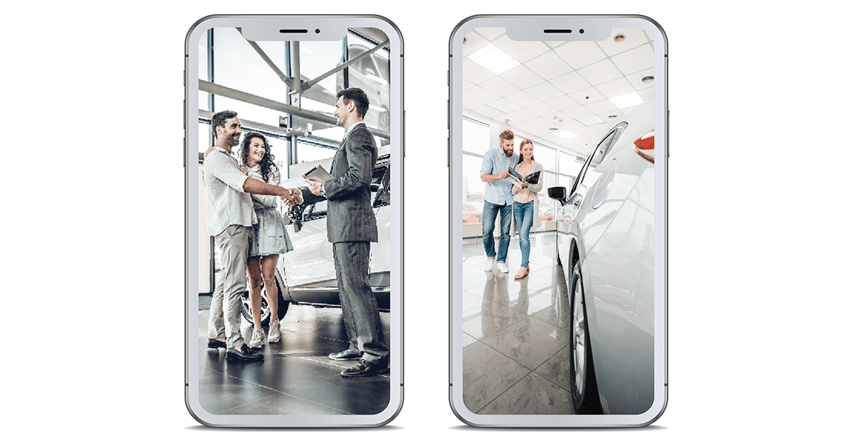 People in a car dealership signing up for a paid enrollment program.