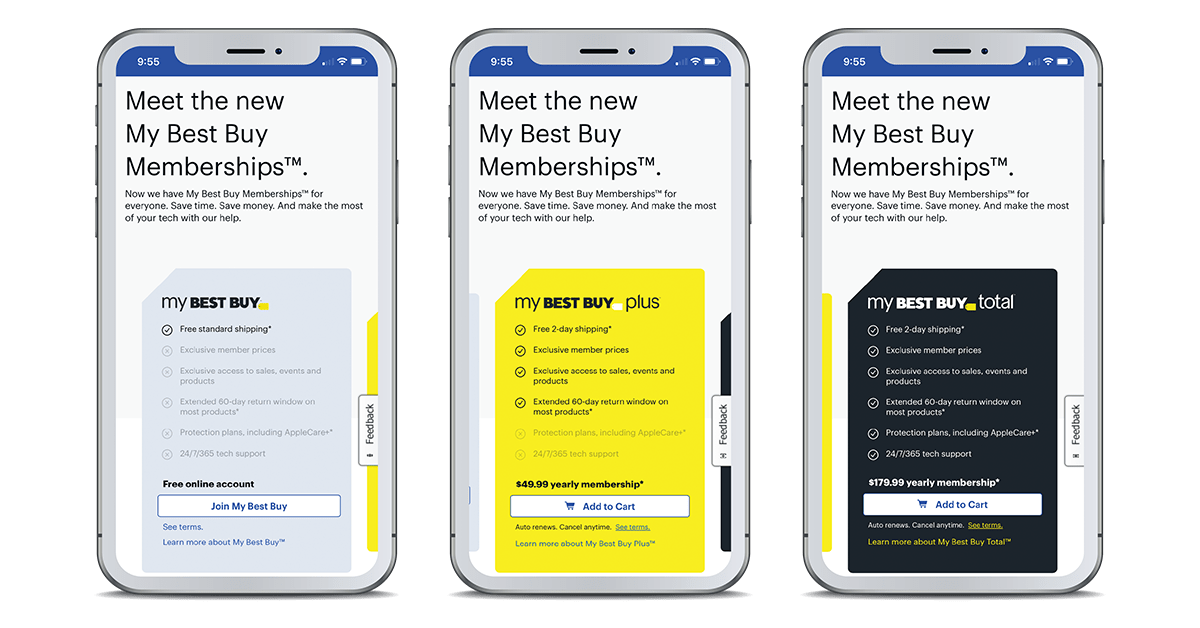 Screenshot showing tiers of Best Buys membership loyalty programs