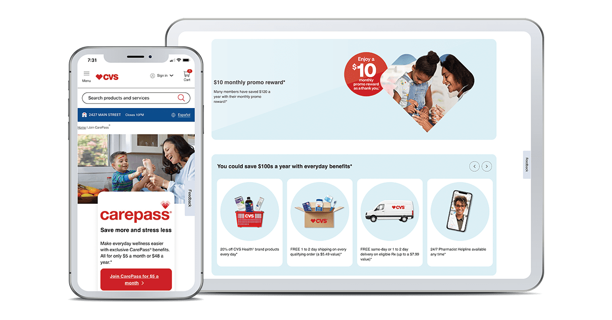 Screenshot of CVS Carepass tiered loyalty program benefits breakdown