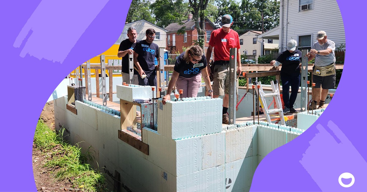 Volunteers from ebbo help build a house at Habitat for Humanity.