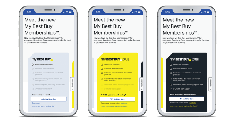 Screenshots of Best Buys subscription-based loyalty program membership options.